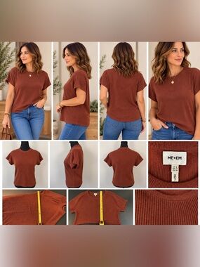 ME+EM Rust Brown Ribbed Organic Cotton Raglan Tee Top Size US 8